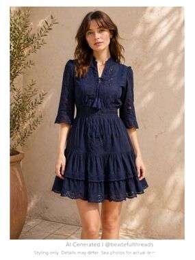 Navy Lace Mini Dress Cottagecore Coquette Fit Flare XS